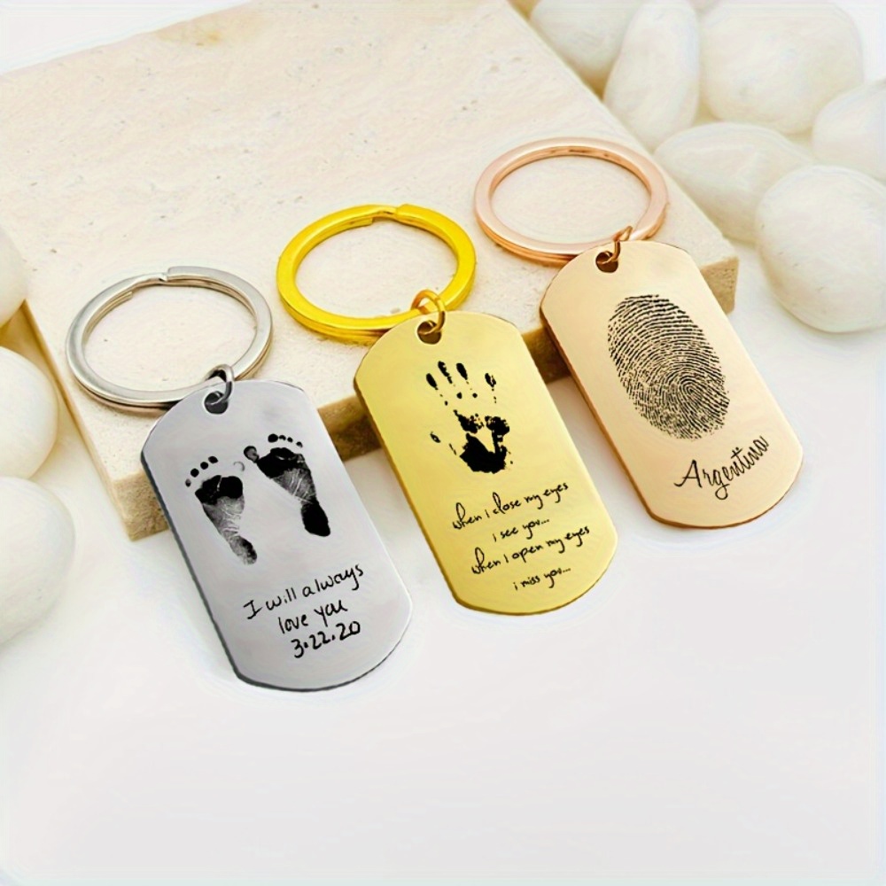 Health Wellness Gifts - รอยเท้าเด็ก รอยฝ่ามือ รอยนิ้วมือ พวงกุญแจสแตนเลสแบบกำหนดเอง รูปภาพและข้อความส่วนตัว พวงกุญแจแบบกำหนดเอง
